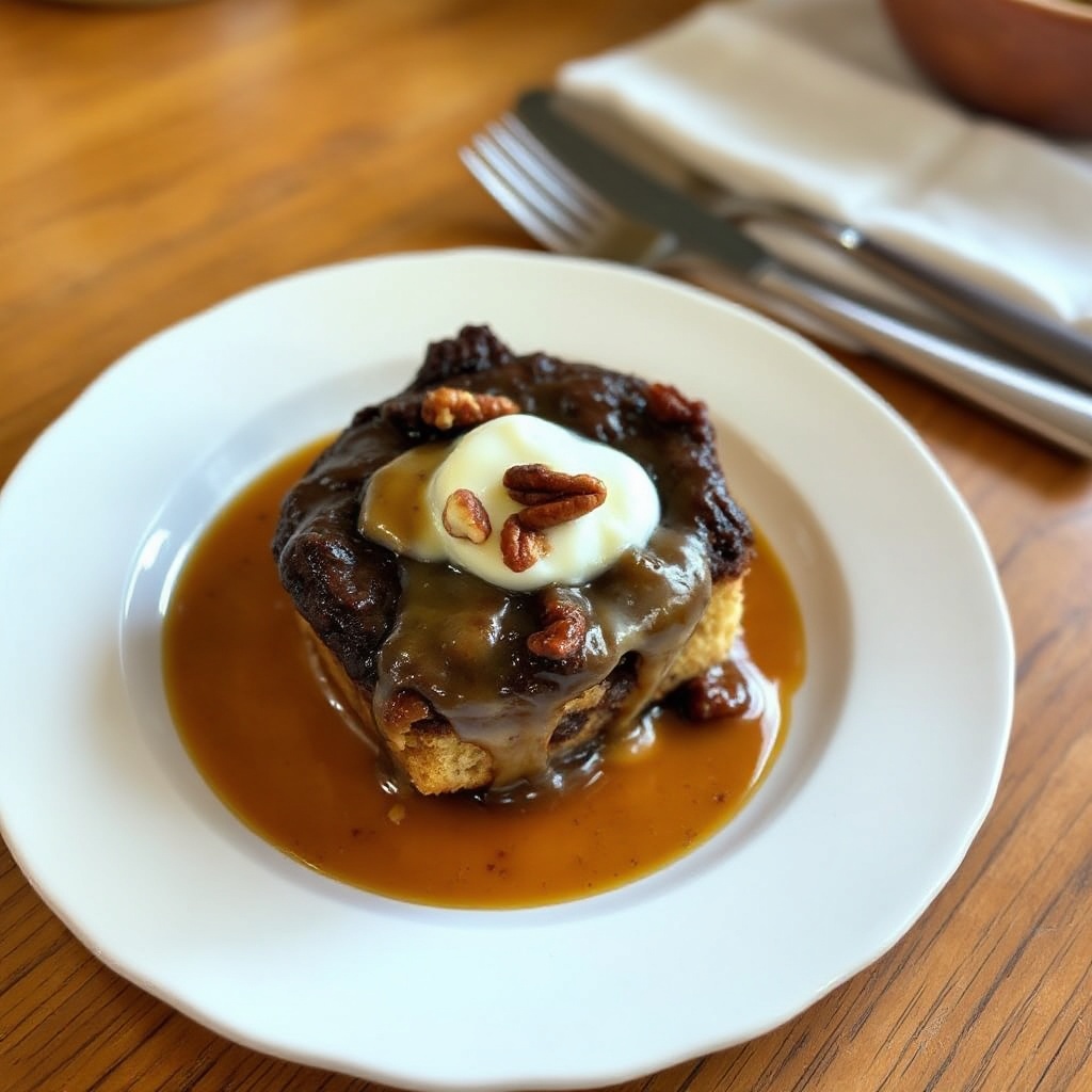 Budino di Pane al Cioccolato Decadente con Salsa di Whiskey e Noci Pecan