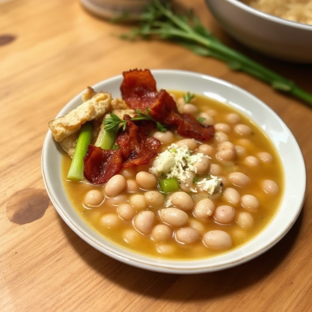 Herzhafter Hühner- und Weiße-Bohnen-Suppe mit Knusprigem Speck