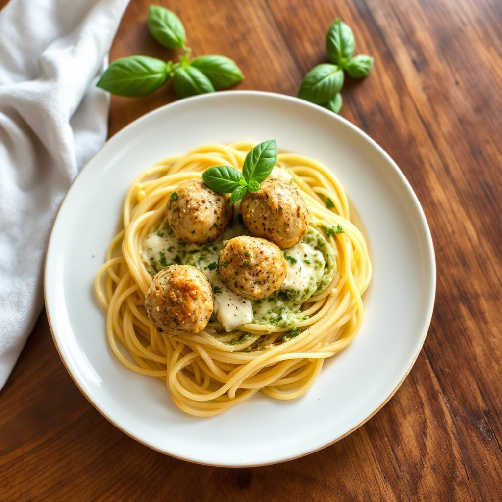 Polpette di Pollo Aromatizzate con Pasta al Pesto Cremoso