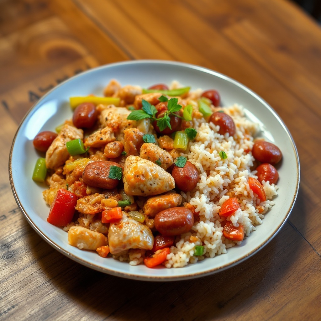 Würzige Cajun-Hühnchen- und Wurst-Jambalaya
