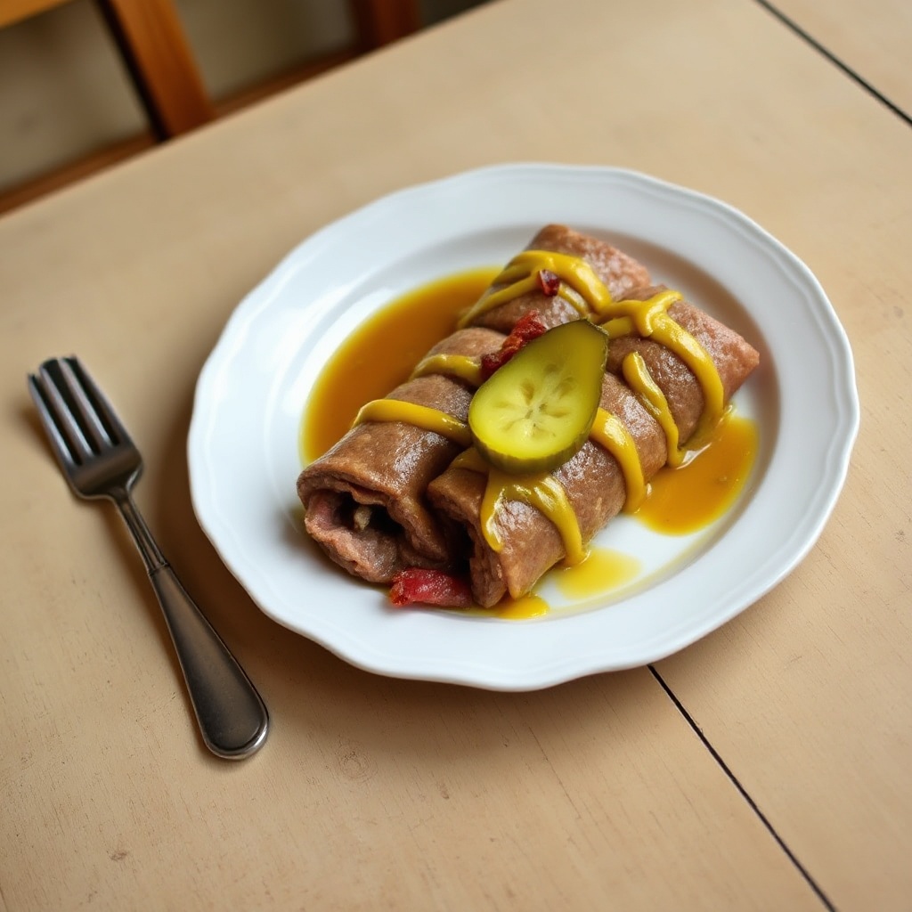 Deutsche Rinderrouladen mit Senf und Gurken