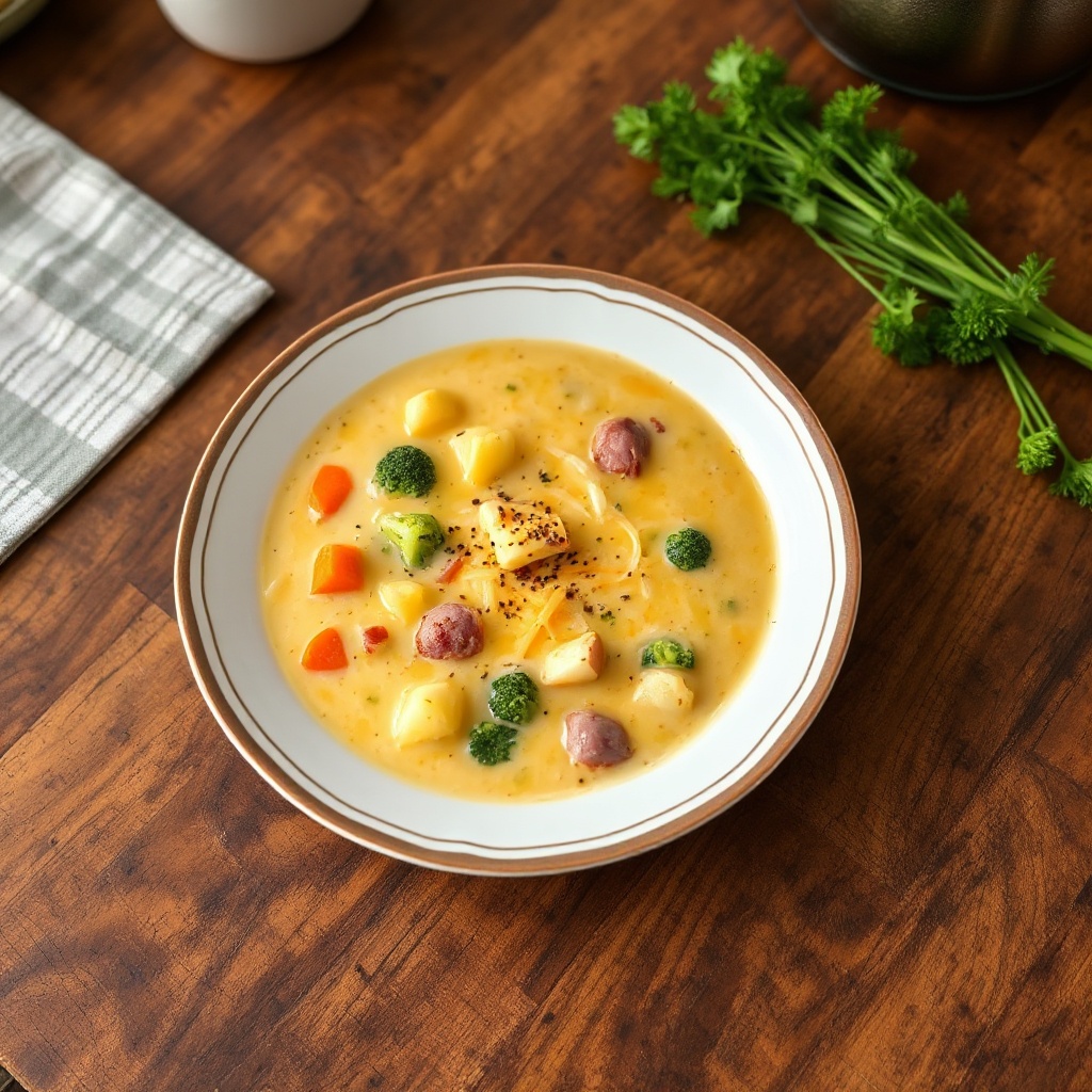 Zuppa di Patate Cremosa con Cheddar, Prosciutto e Pancetta