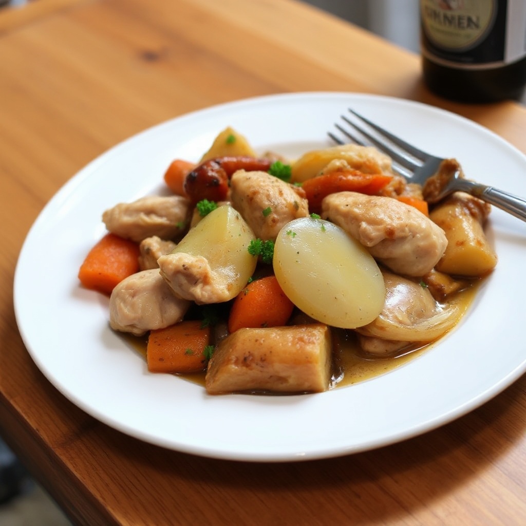 Langsam gekochtes Bier-Hühnchen mit Gemüse