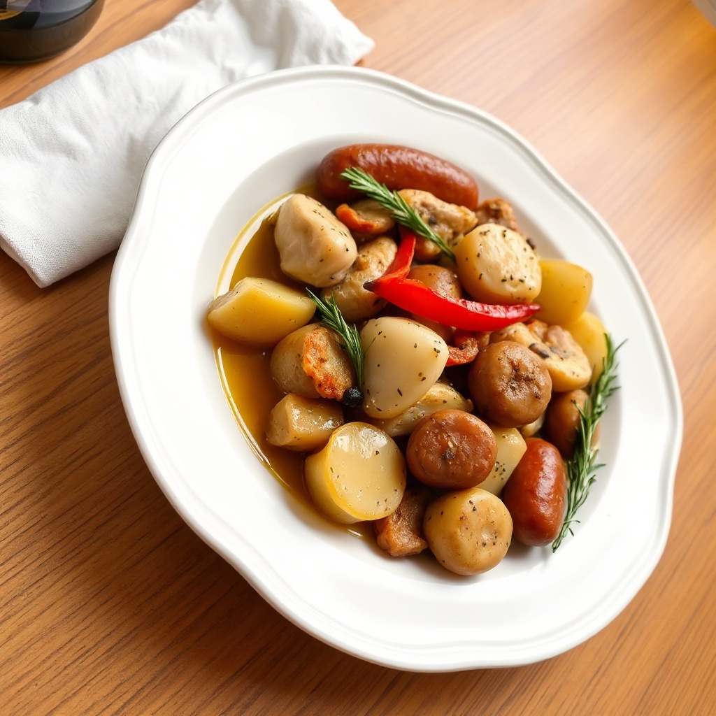 Herzhafter Hähnchen- und Wurstpfanne