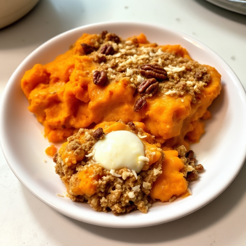 Cremiger Süßkartoffelauflauf mit Kokosnuss-Pekannuss-Kruste