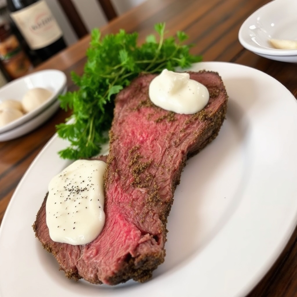 Kräuterkruste-Rinderbraten mit cremiger Meerrettichsauce