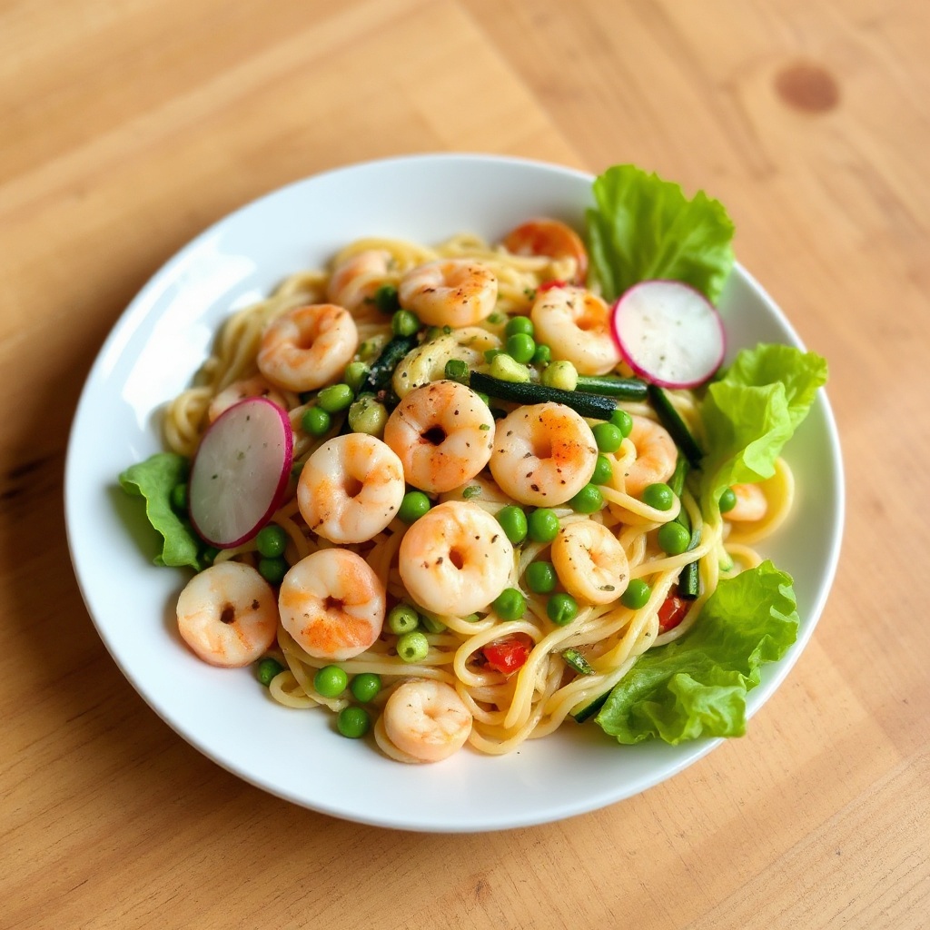 Würziger Garnelen- und Gemüse-Pasta-Salat