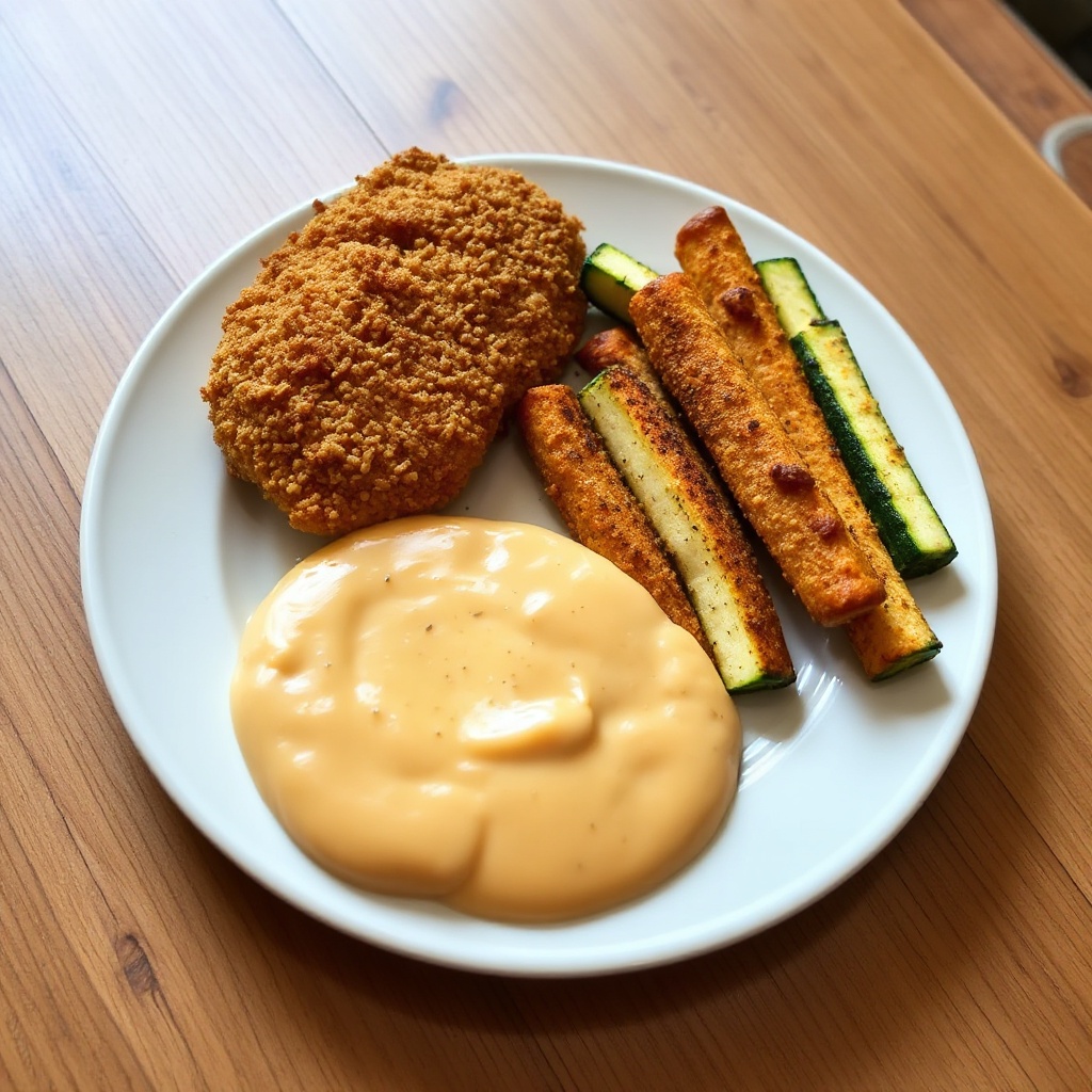 Knuspriges Hähnchen mit Brezelkruste und Zucchinisticks mit Cheddar-Dip