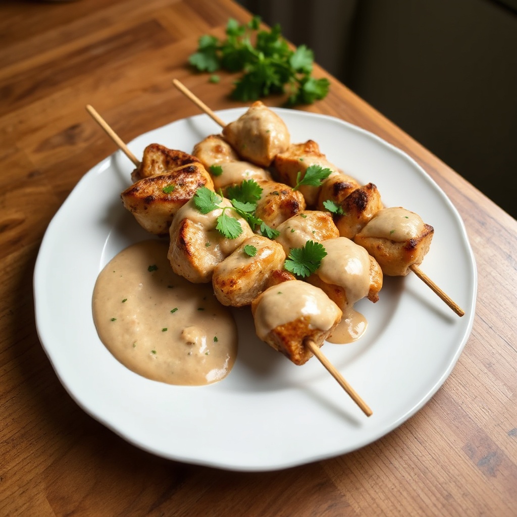 Gegrillte Hähnchenspieße mit cremiger Erdnusssauce