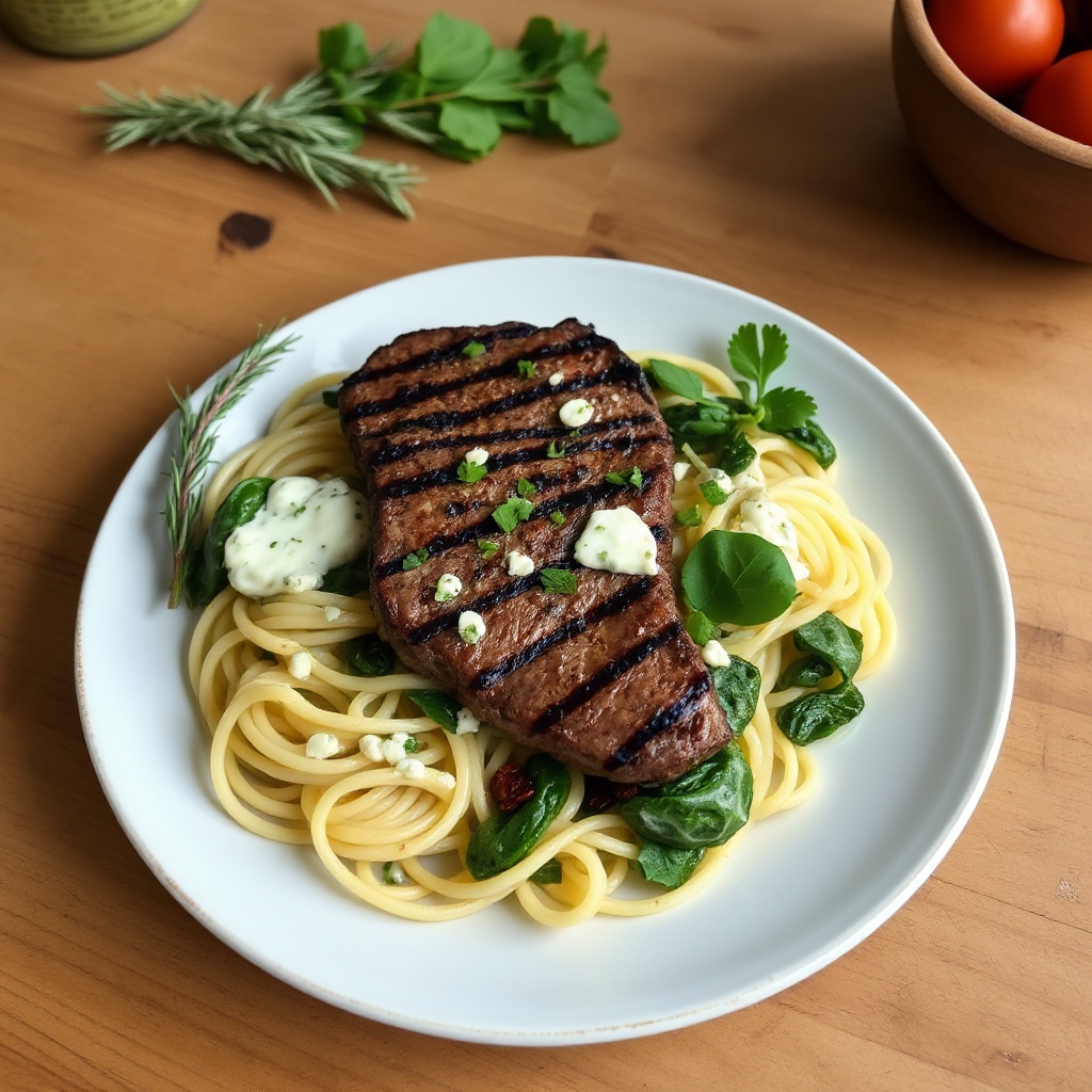 Gegrilltes Steak mit Spinat-Gorgonzola-Pasta