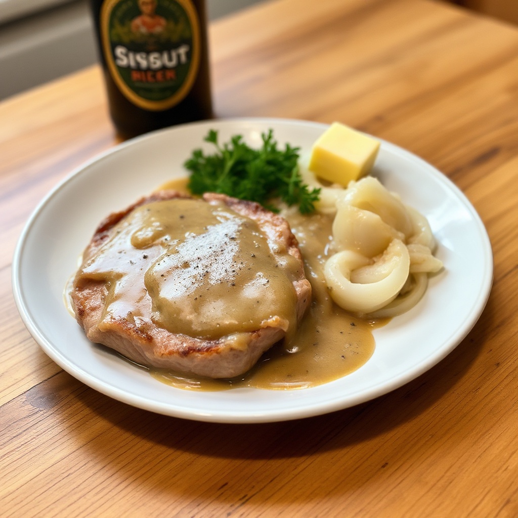 Stout-Infused Pork Chops with Onion Gravy