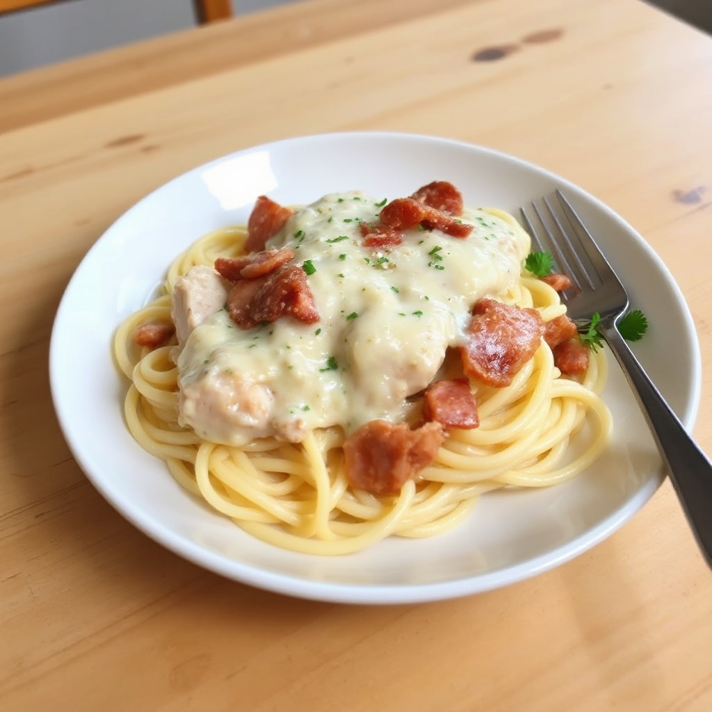 Cremige Hähnchen Alfredo mit knusprigem Pancetta