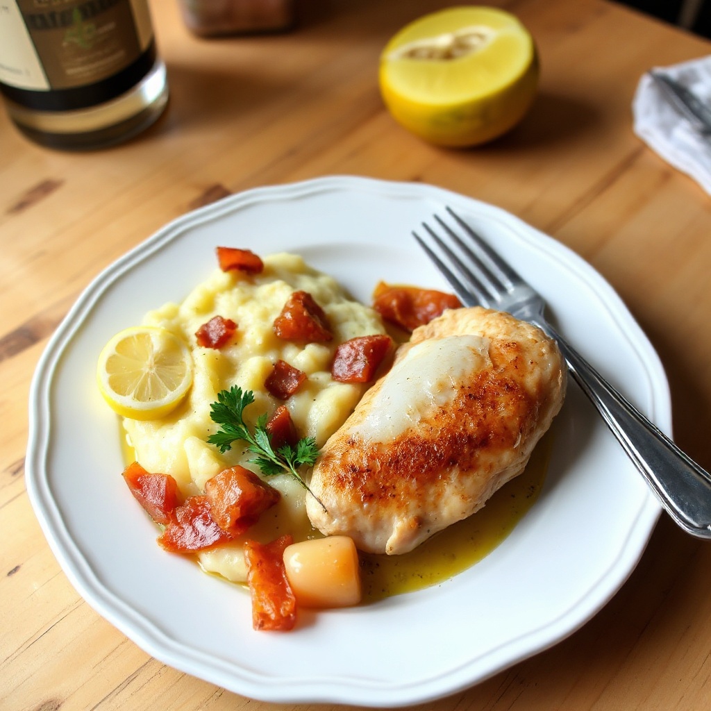 Whiskey-Zitronen-Hühnchen mit knusprigem Pancetta und cremigem Knoblauchpüree