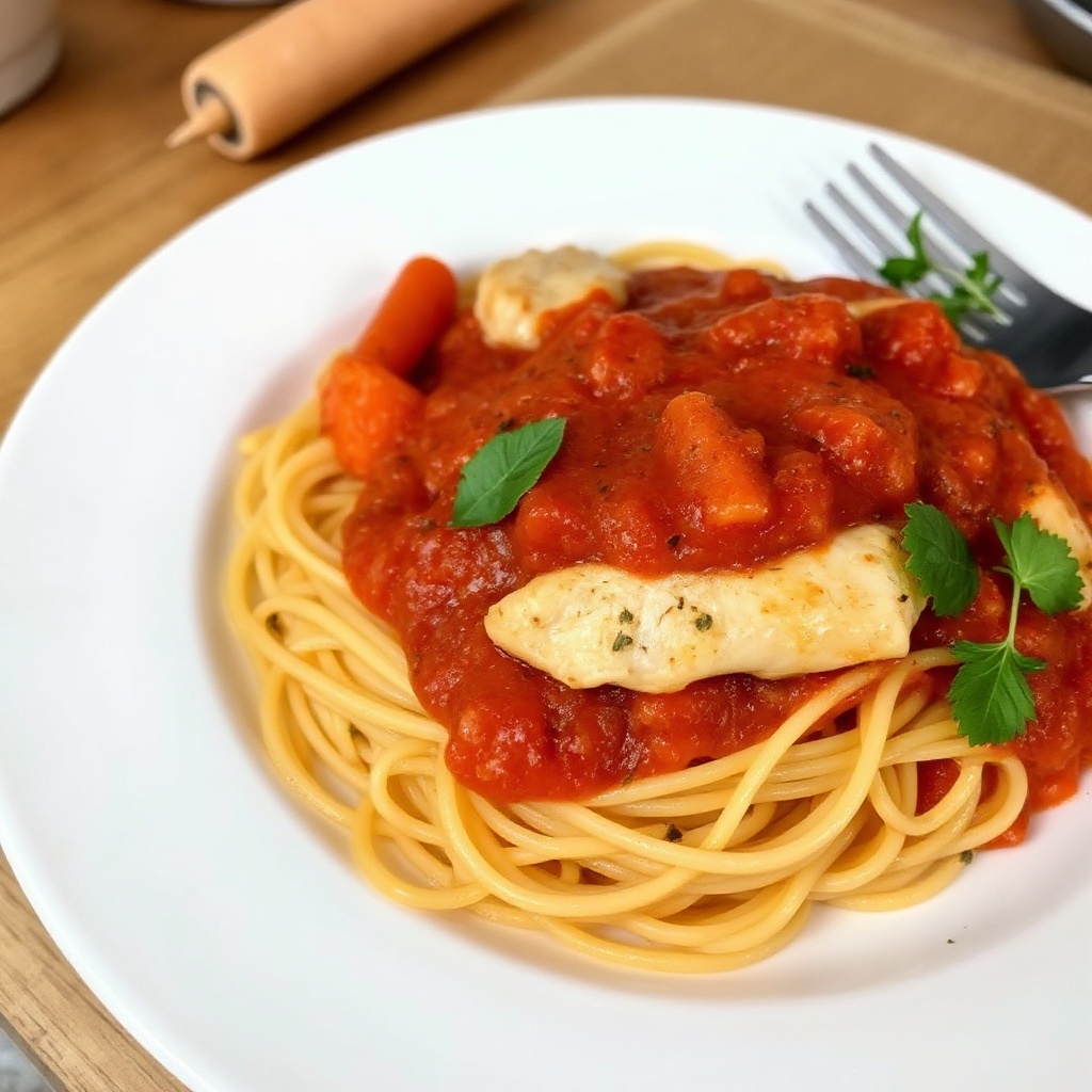 Spaghetti di Pollo Salato con Salsa di Pomodoro alle Erbe