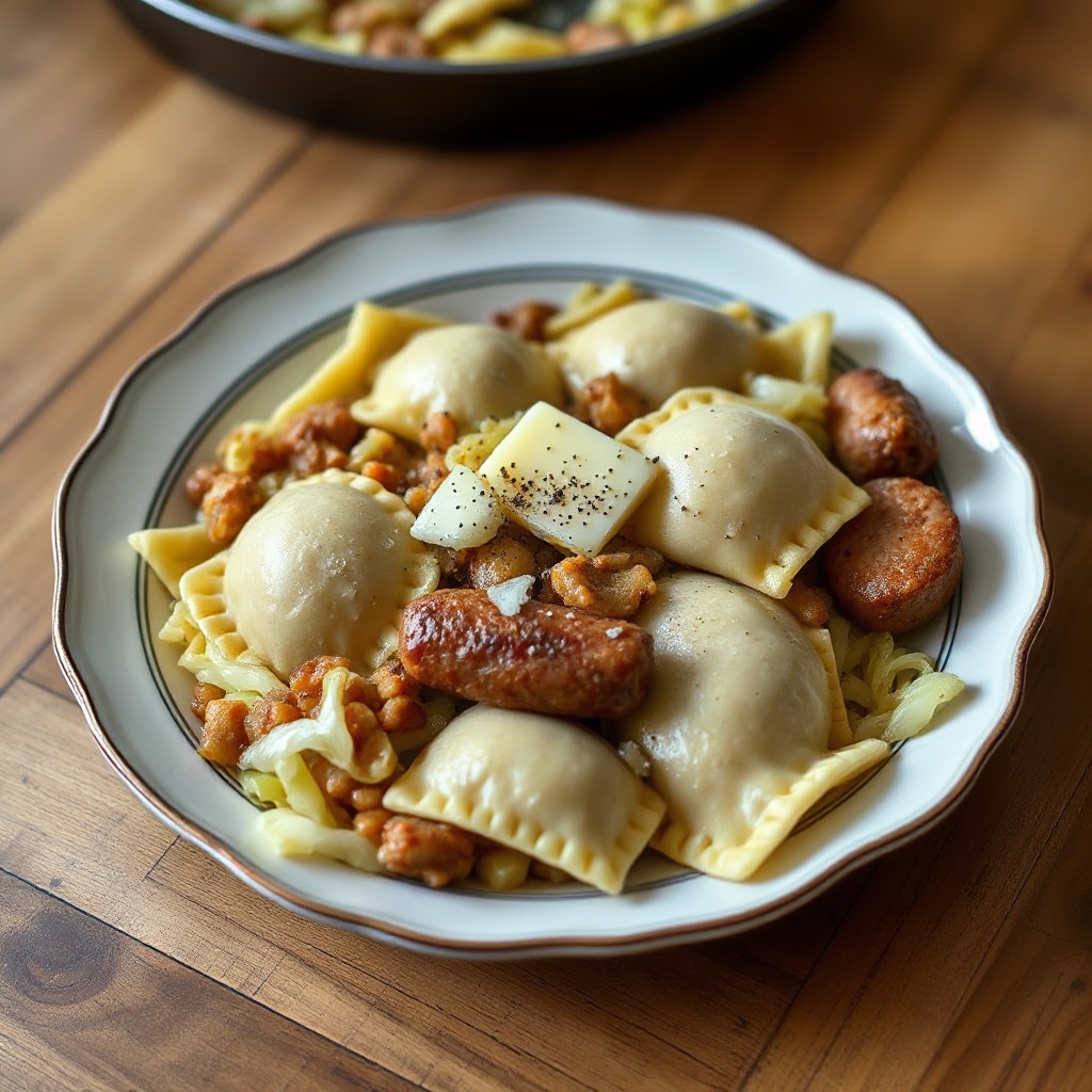 Skillet di Pierogi Salati con Cavolo e Salsiccia