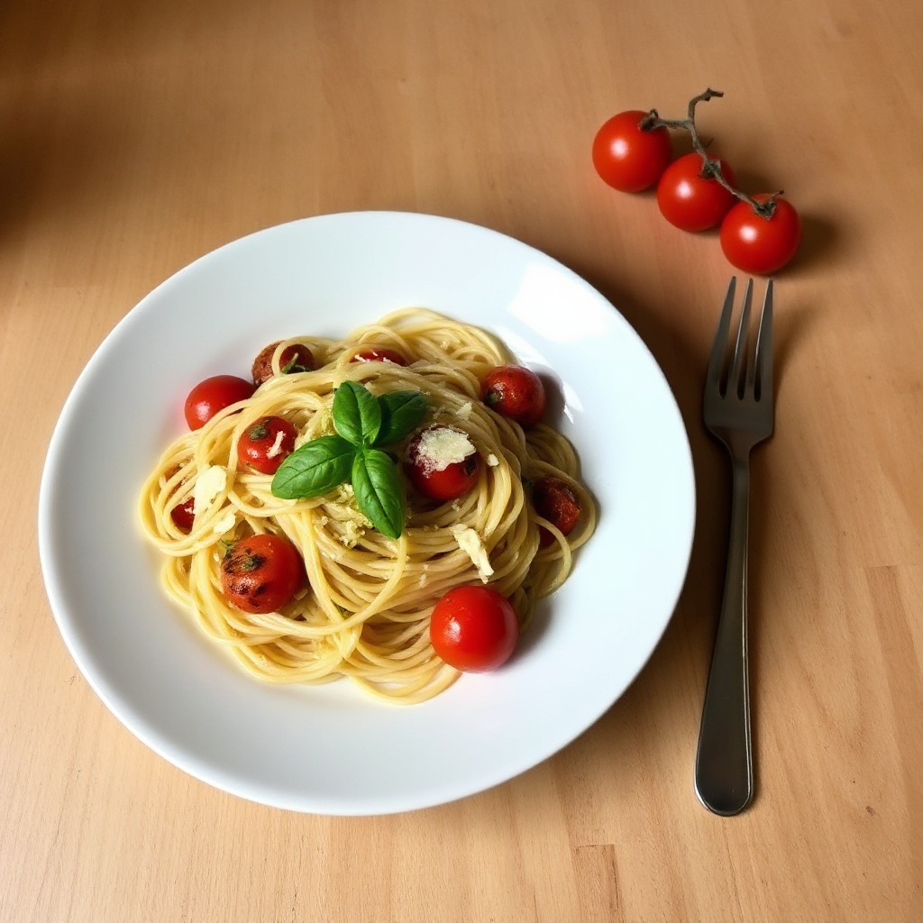 Engelshaar-Pasta mit gerösteten Kirschtomaten und Basilikum-Pesto
