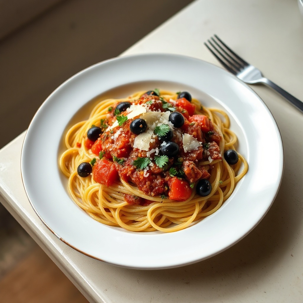Mediterranean Spaghetti with Olive and Herb Sauce