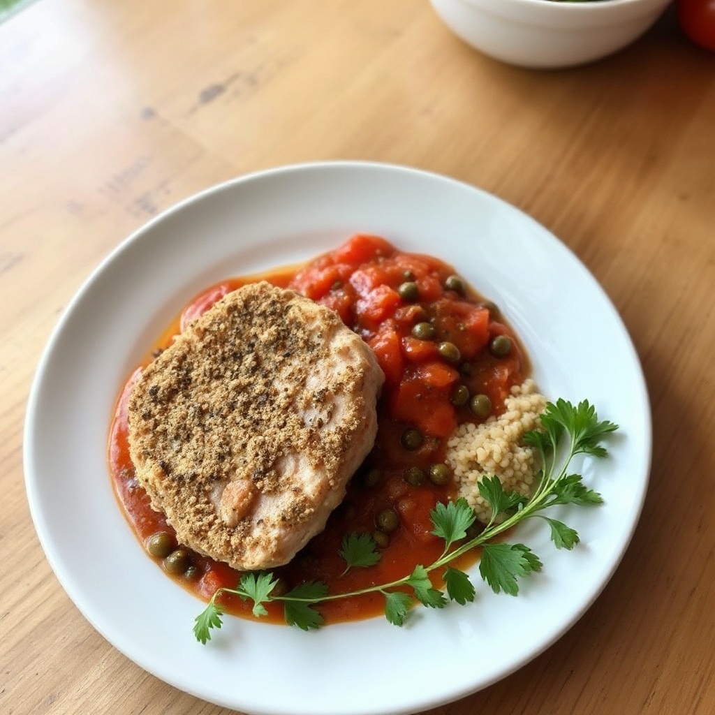 Herzhafte Kräuterkruste-Schweinekoteletts mit Tomaten-Kapern-Sauce
