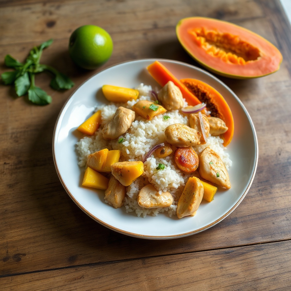 Tropisches Mango-Papaya-Hühnchen-Pfannengericht