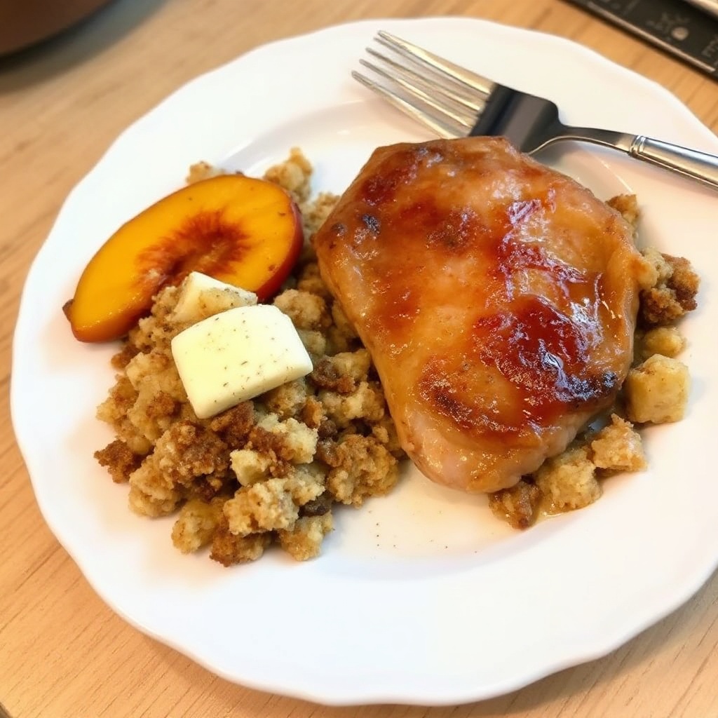 Peach-Glazed Pork Chops with Savory Stuffing