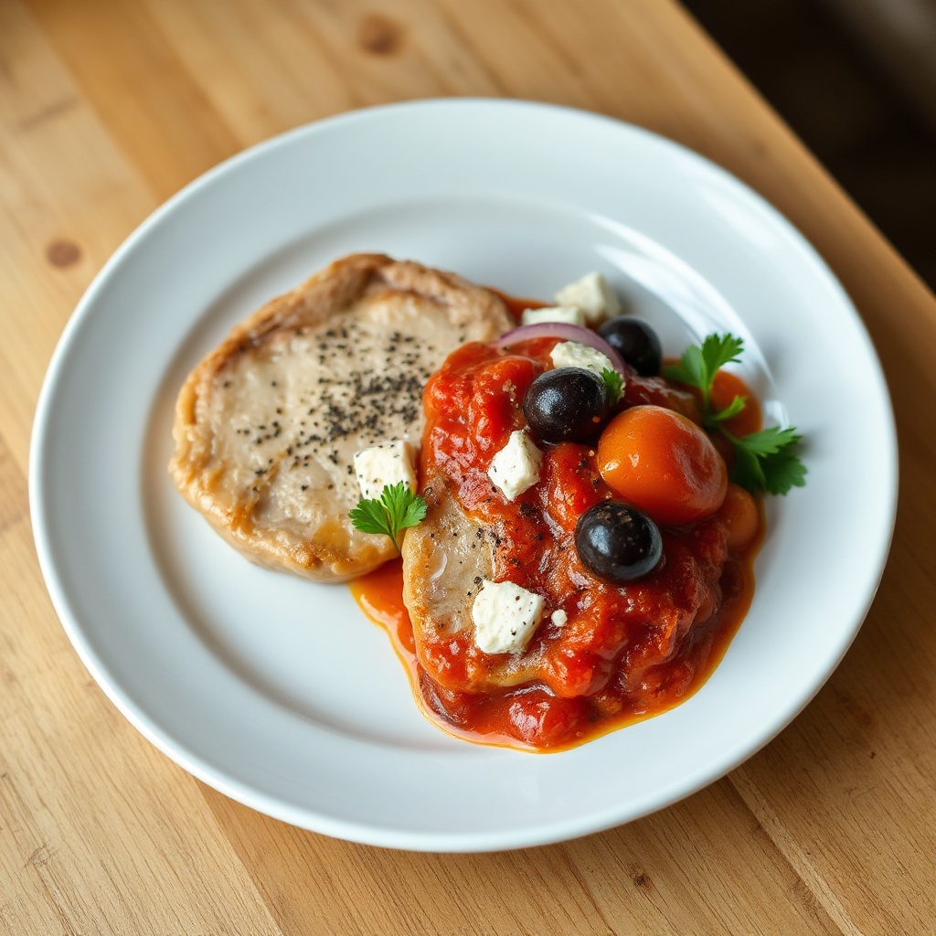 Costolette di Maiale in Stile Mediterraneo con Salsa di Pomodoro e Olive
