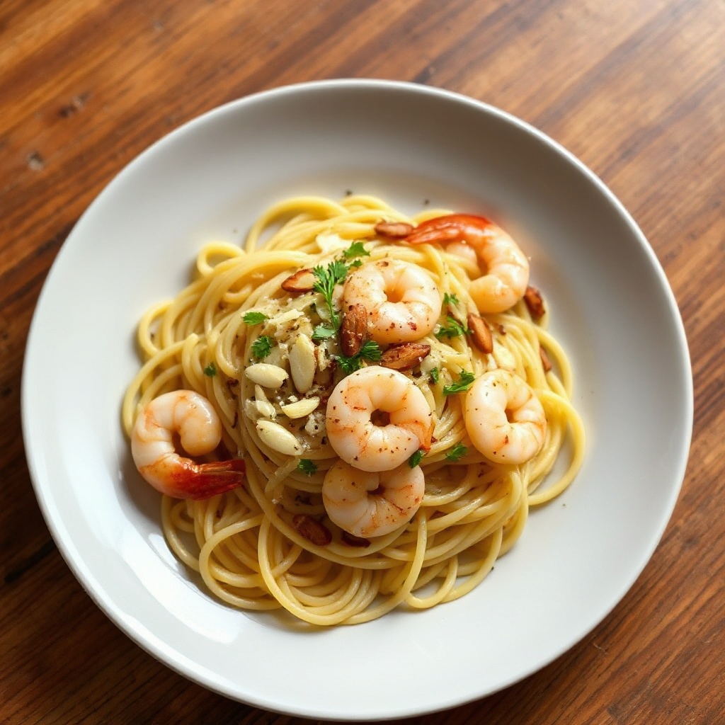 Knoblauch Garnelen Linguine mit gerösteten Mandeln