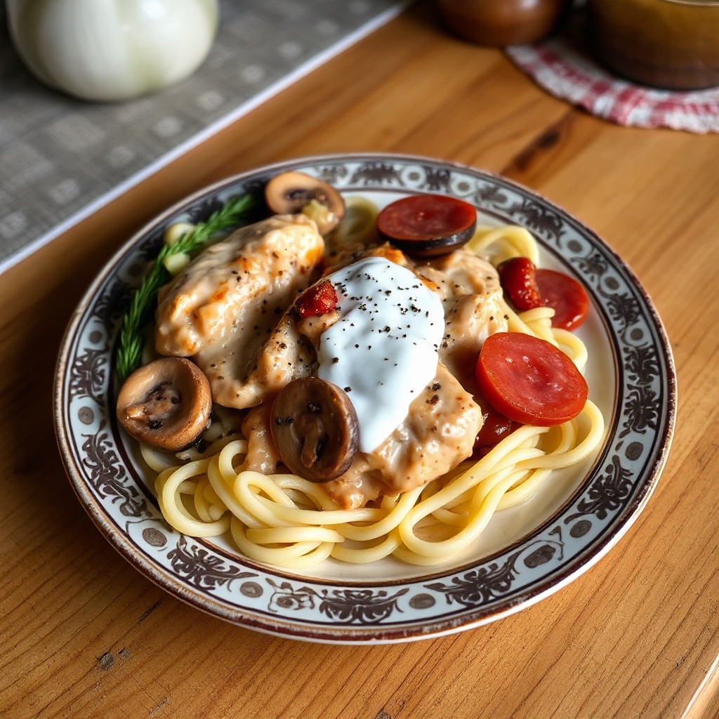 Cremige Hähnchen- und Salami-Stroganoff