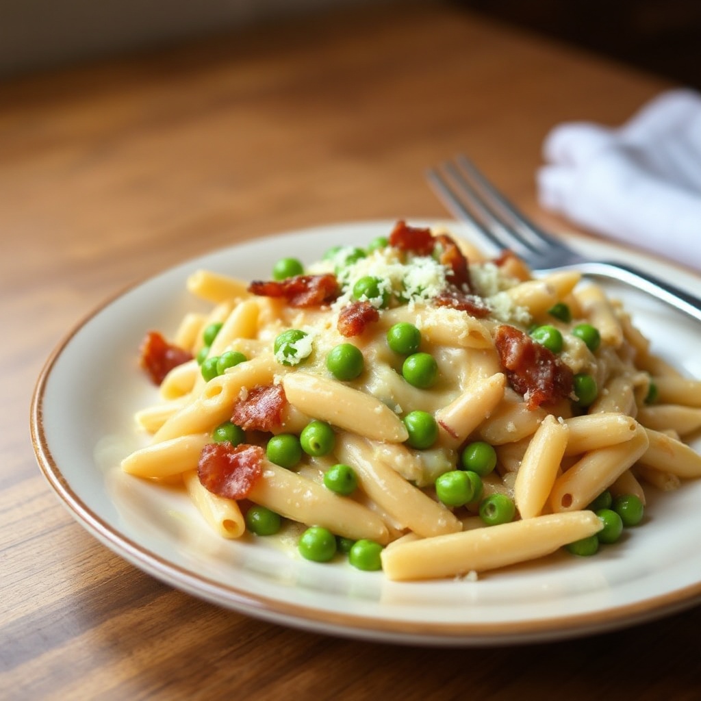 Pasta al Forno Cremosa con Bacon e Piselli