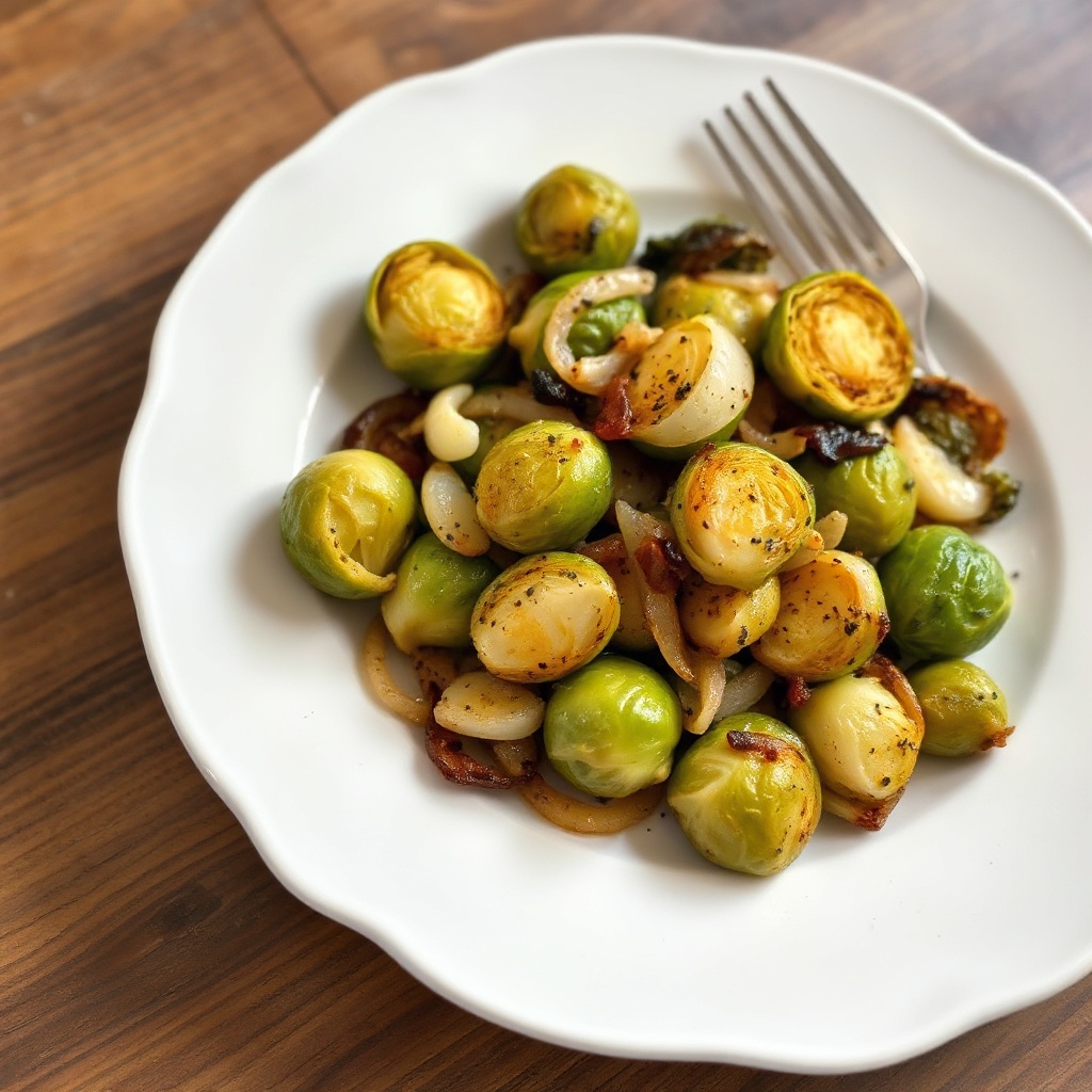 Knoblauchgeröstete Rosenkohl und Zwiebeln