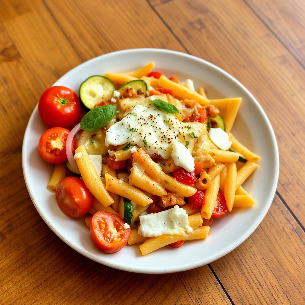 Käseüberbackene Penne mit Gartenfrüchten