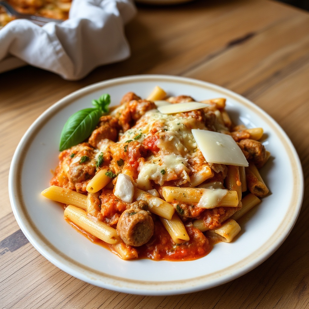 Käseüberbackene Pasta mit Wurst und Basilikum-Pesto