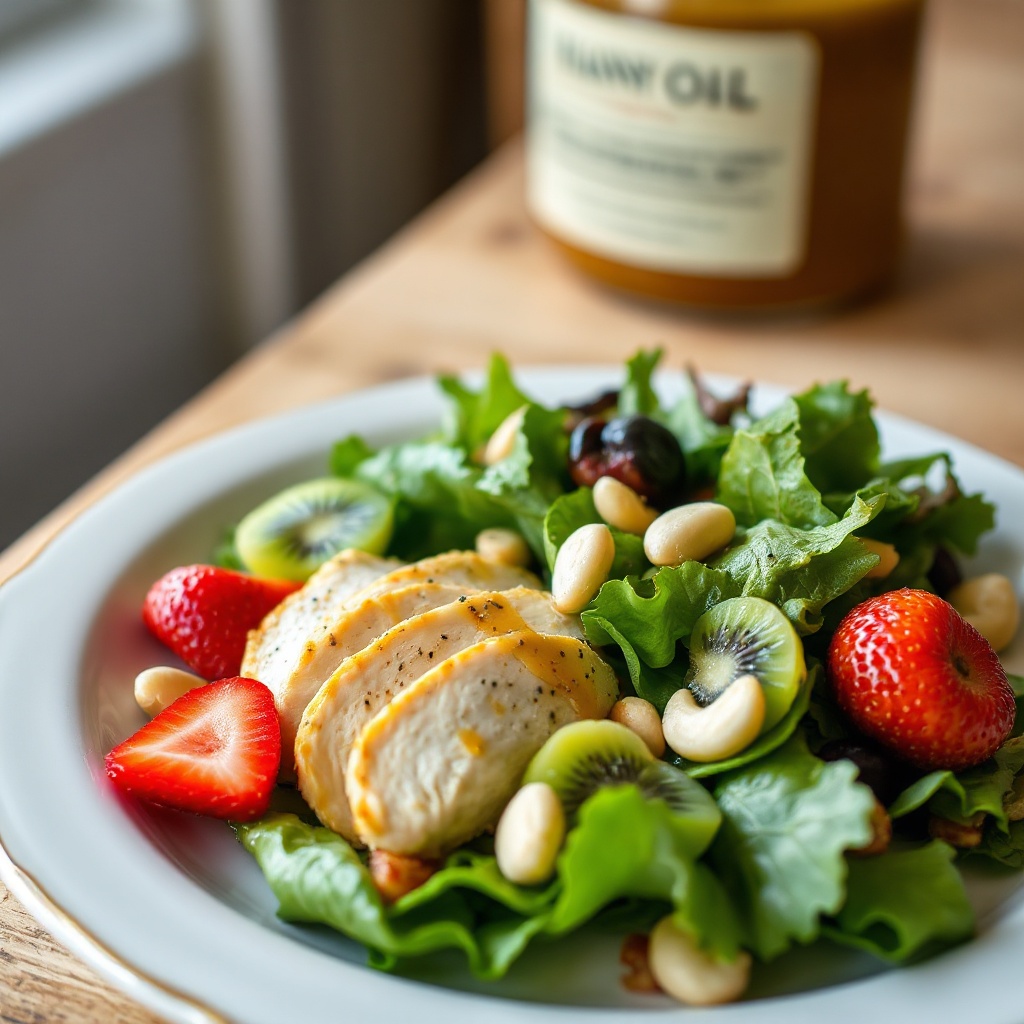 Hühnchen- und Kiwi-Beeren-Salat mit Honig-Dressing