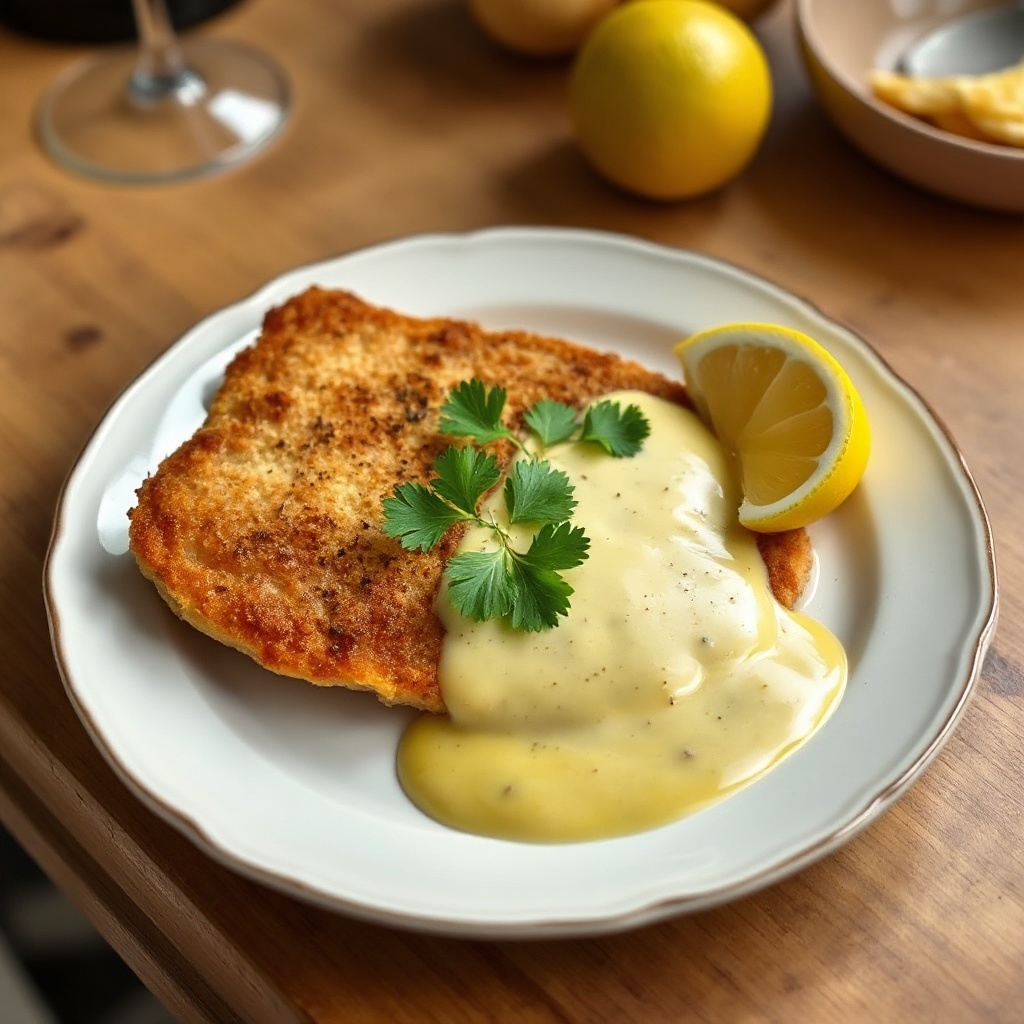Schnitzel di Maiale Dorato con Salsa Cremosa al Limone