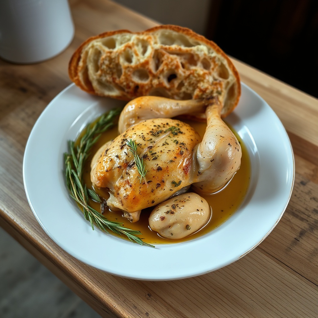 Pollo Arrosto Infuso di Erbe con Aglio e Pane Artigianale