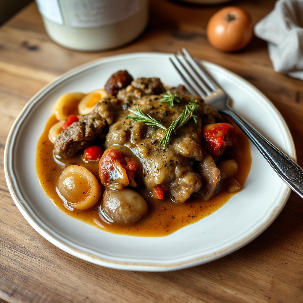 Kräuter-infused geschmortes Rindfleisch mit Zwiebelsoße