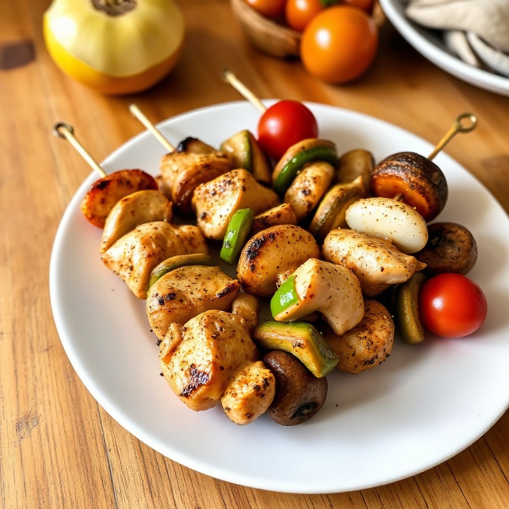Gegrillte Hähnchen- und Gemüsespieße