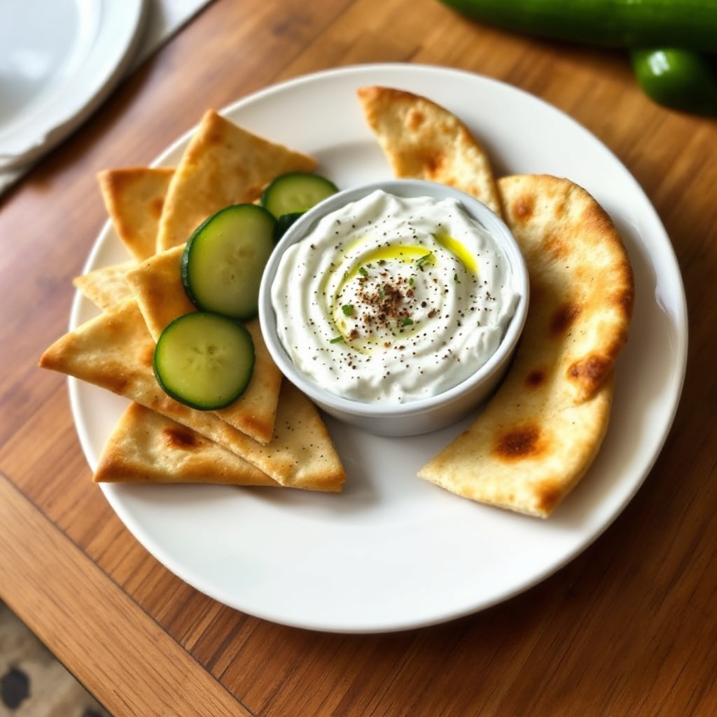 Creamy Cucumber Yogurt Dip with Crispy Pita Wedges