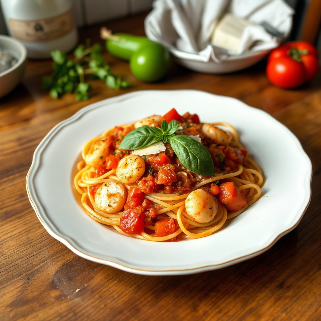 Pasta al Burro d'Aglio con Salsa di Pomodoro e Frutti di Mare