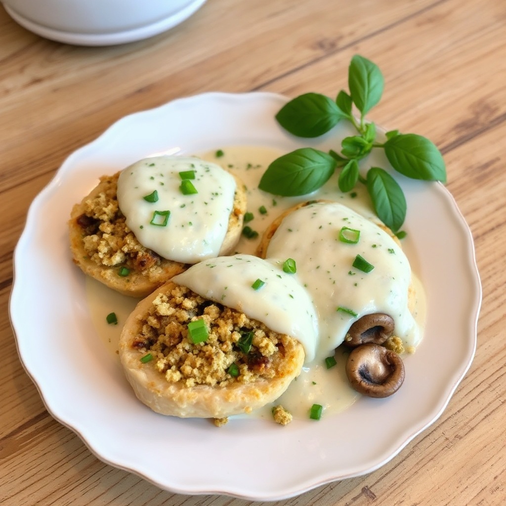 Gefüllte Hähnchenbrust mit cremiger Kräutersoße