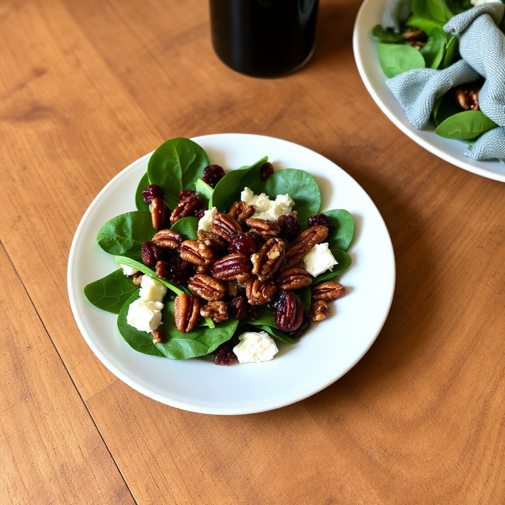 Spinat-Salat mit kandierten Pekannüssen und Cranberry-Vinaigrette
