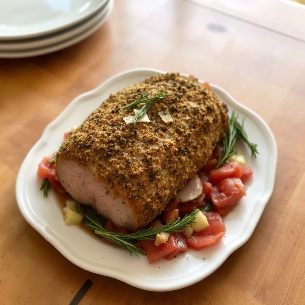 Kräuterkruste Schweinebraten mit Parmesan und Prosciutto