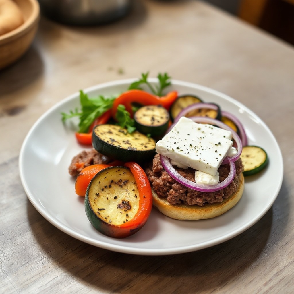 Mediterrane Feta-Burger mit gegrilltem Gemüse