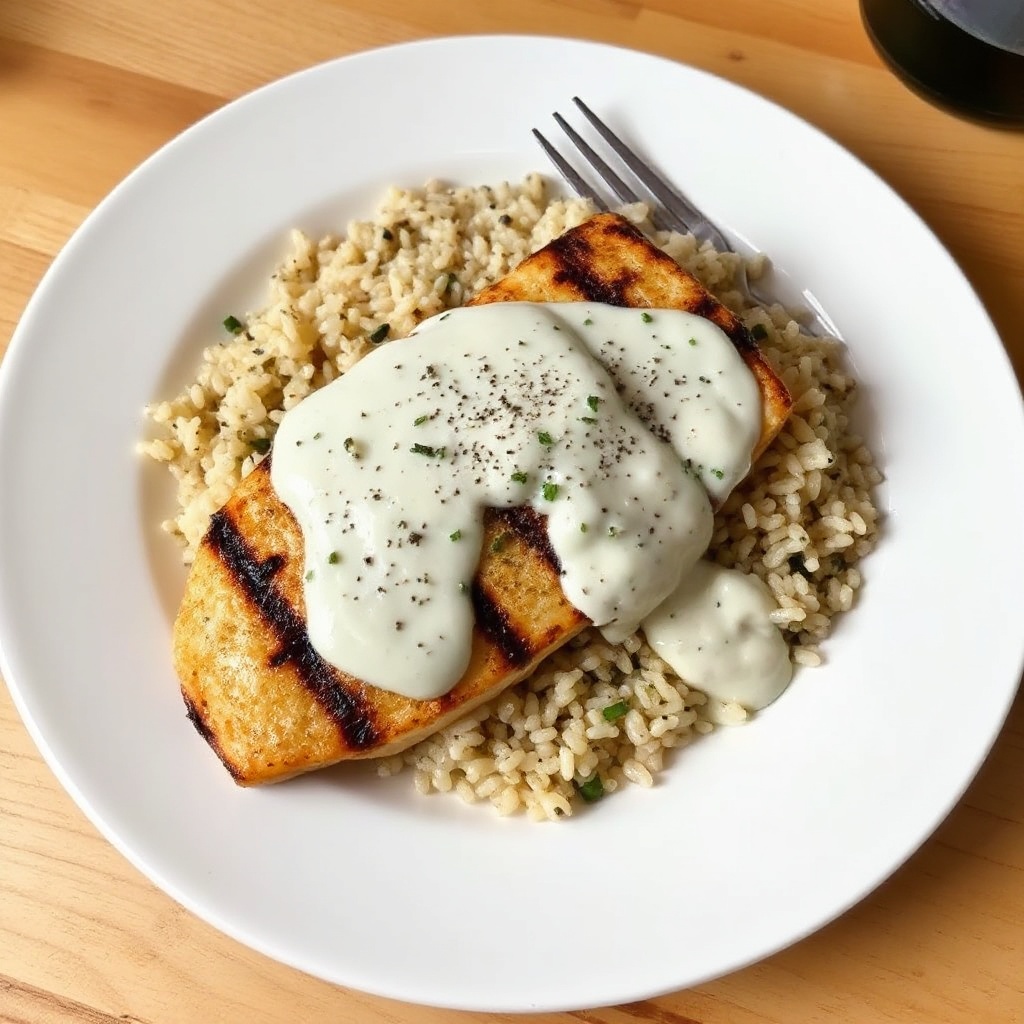 Grilled Mahi Mahi with Wild Rice and Creamy Herb Sauce
