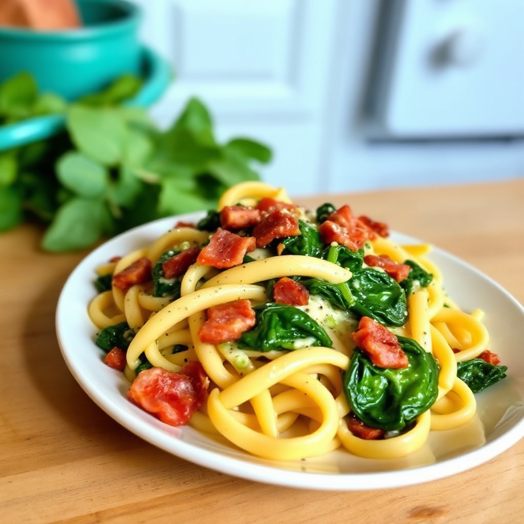 Cremige Spinat-Bacon-Penne