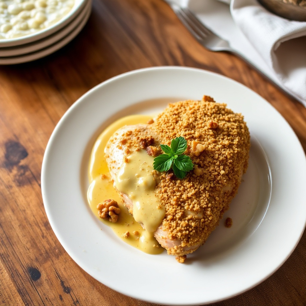 Knuspriges Hähnchen mit Walnusskruste und würziger Limsoße