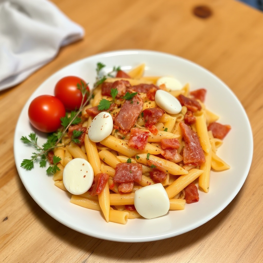 Penne Salati con Bacon Canadese e Mozzarella
