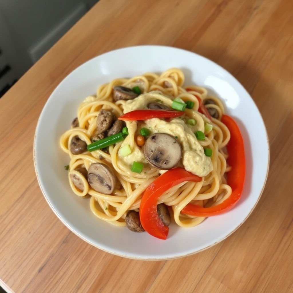 Cremige Hummus-Pasta mit angebratenem Gemüse