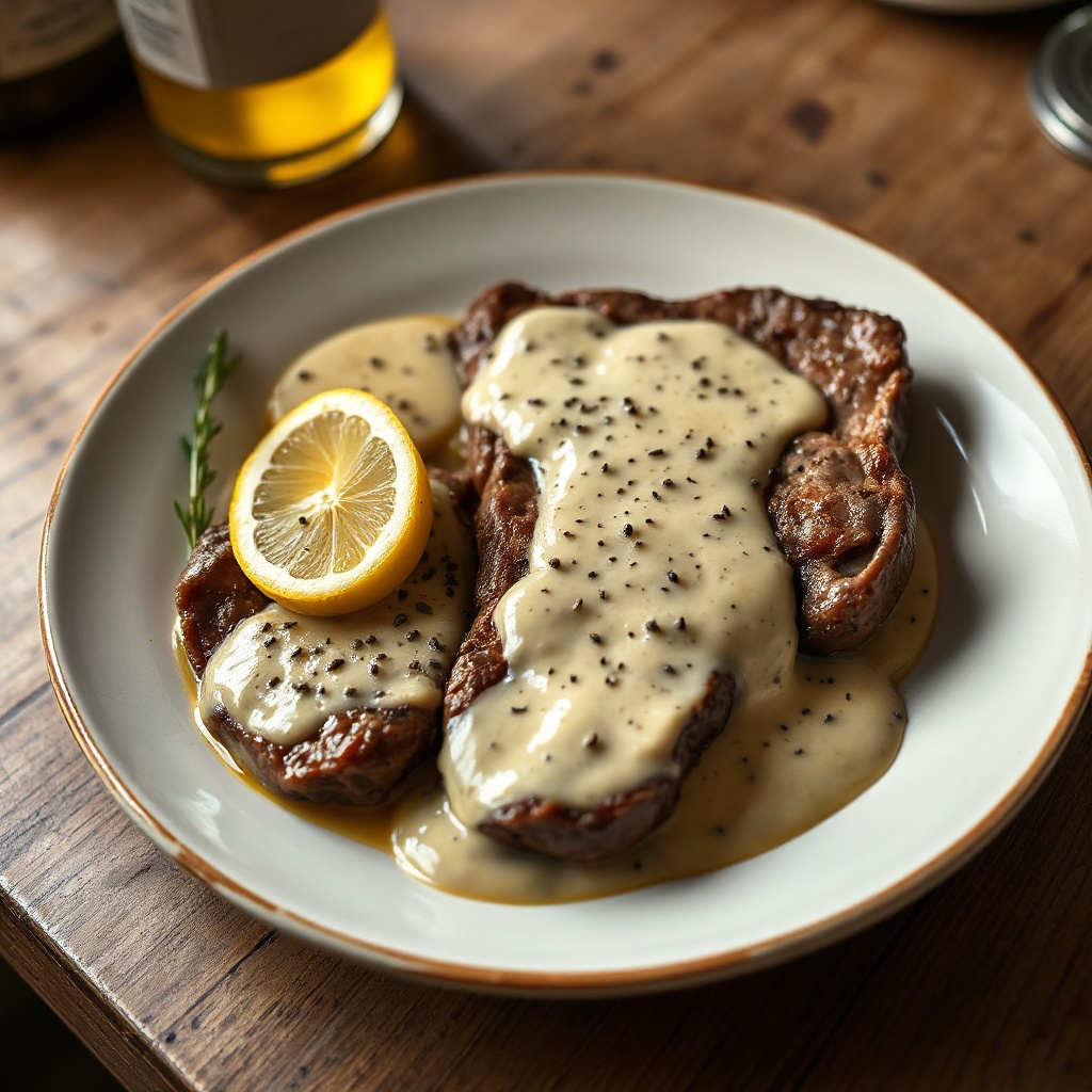 Peppercorn Steak with Creamy Cognac Sauce