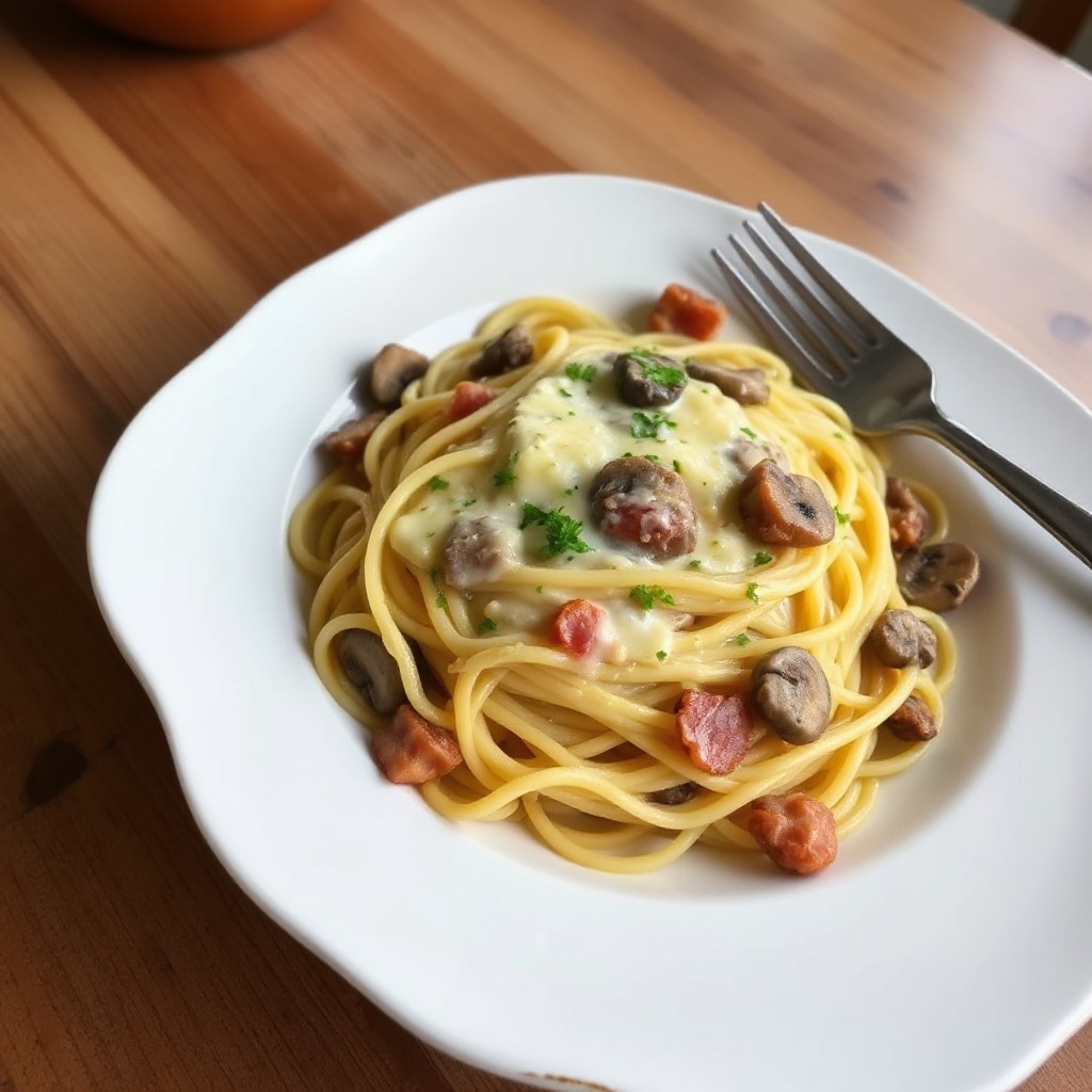 Cremige Pasta mit Speck und Champignons