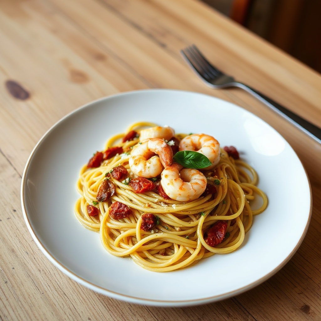 Linguine con Gamberi all'Aglio e Pesto di Pomodori Secchi e Noci